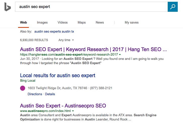 Austin SEO Expert Bing Results