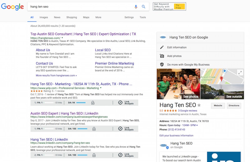 Hang Ten SEO LinkIn Google Serp Listings